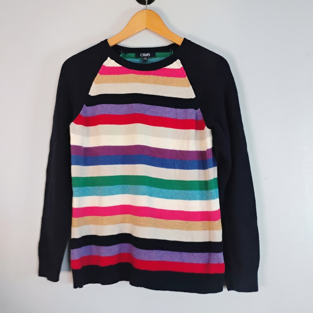 CHAPS Multicolor Striped Sweater w/ Black Sleeves Casual Cozy Warm Winter Size M